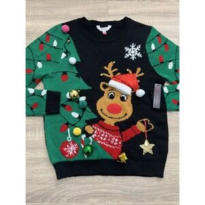 NoBo Christmas Reindeer Jingle Bells 3D Ornaments Lights Sweater Sz LG JUNIOR